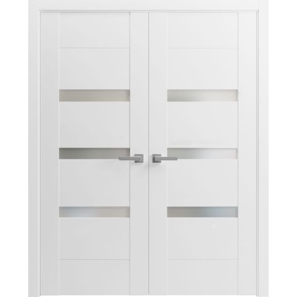 Solid French Double Doors Opaque Glass / Sete 6900 White Silk / Wood Solid Panel Frame / Closet Bedroom Modern Doors -36" x 80"-Butterfly