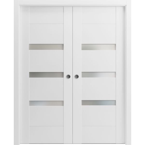 Sliding French Double Pocket Doors / Sete 6900 White Silk with Frosted Glass / Kit Rail Hardware / MDF Interior Bedroom Modern Doors