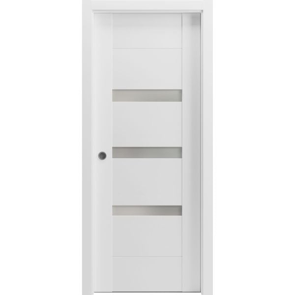 Sliding Pocket Door 18 x 80 inches with Opaque Glass / Sete 6900 White Silk / Kit Rail Hardware / MDF Interior Bedroom Modern Doors
