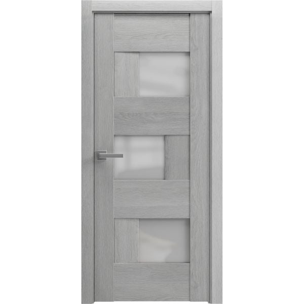 Solid French Door | Sete 6933 Light Grey Oak with Frosted Glass | Single Regular Panel Frame Trims Handle | Bathroom Bedroom Sturdy Doors 