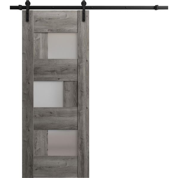 Sturdy Barn Door | Sete 6933 Nebraska Grey with Frosted Glass | 6.6FT Rail Hangers Heavy Hardware Set | Solid Panel Interior Doors