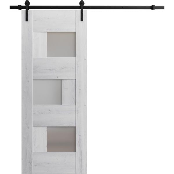 Sturdy Barn Door Frosted Glass | Sete 6933 Nordic White | 6.6FT Rail Hangers Heavy Hardware Set | Solid Panel Interior Doors