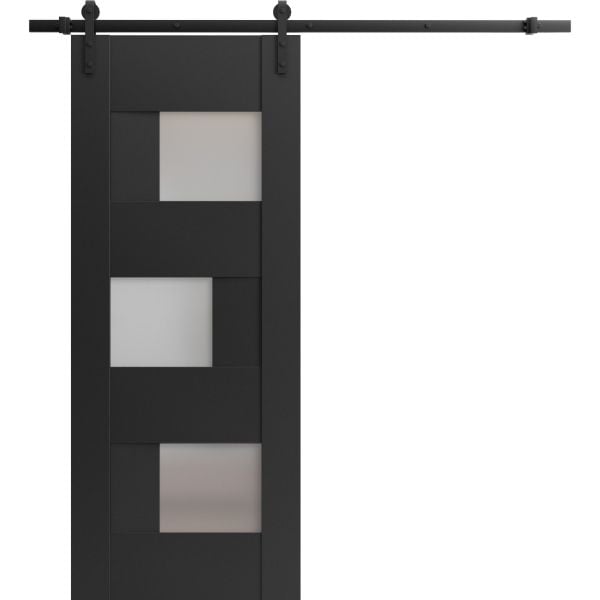 Sturdy Barn Door | Sete 6933 Matte Black with Frosted Glass | 6.6FT Rail Hangers Heavy Hardware Set | Solid Panel Interior Doors