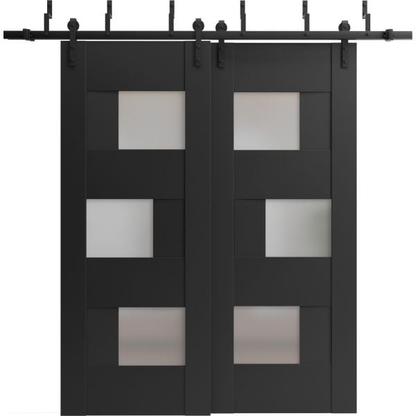 Sliding Closet Barn Bypass Doors with Frosted Glass | Sete 6933 Matte Black | Sturdy 6.6ft Rails Hardware Set | Wood Solid Bedroom Wardrobe Doors 