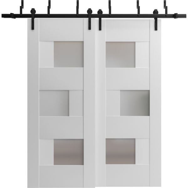 Sliding Closet Barn Bypass Doors / Sete 6933 White Silk with Frosted Glass / Modern 6.6ft Rails Hardware Set / Wood Solid Bedroom Wardrobe Doors 