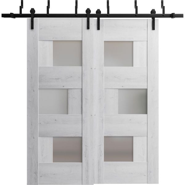 Sliding Closet Barn Bypass Doors | Sete 6933 Nordic White with Frosted Glass | Sturdy 6.6ft Rails Hardware Set | Wood Solid Bedroom Wardrobe Doors 