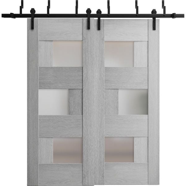 Sliding Closet Barn Bypass Doors with Frosted Glass | Sete 6933 Light Grey Oak | Sturdy 6.6ft Rails Hardware Set | Wood Solid Bedroom Wardrobe Doors 