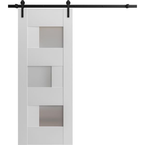 Modern Barn Door / Sete 6933 White Silk with Frosted Glass / Black 6.6FT Rail Track Heavy Hardware Set / Solid Panel Interior Doors