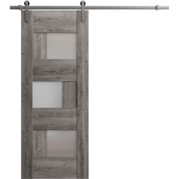 Sturdy Barn Door Frosted Glass | Sete 6933 Nebraska Grey | 6.6FT Rail Hangers Heavy Hardware Set | Solid Panel Interior Doors-18" x 80"