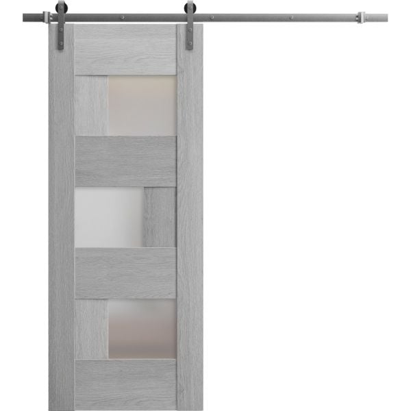 Sturdy Barn Door | Sete 6933 Light Grey Oak with Frosted Glass | 6.6FT Silver Rail Hangers Heavy Hardware Set | Solid Panel Interior Doors