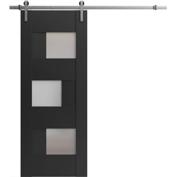 Sturdy Barn Door | Sete 6933 Matte Black with Frosted Glass | 6.6FT Silver Rail Hangers Heavy Hardware Set | Solid Panel Interior Doors