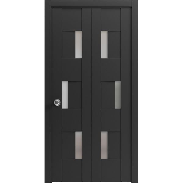 Sliding Closet Bi-fold Doors | Sete 6933 Matte Black with Frosted Glass | Sturdy Tracks Moldings Trims Hardware Set | Wood Solid Bedroom Wardrobe Doors 