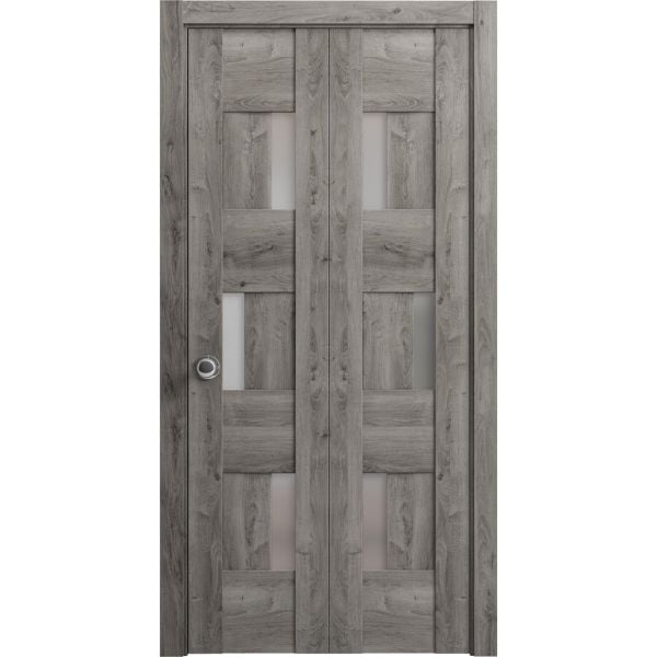 Sliding Closet Bi-fold Doors | Sete 6933 Nebraska Grey with Frosted Glass | Sturdy Tracks Moldings Trims Hardware Set | Wood Solid Bedroom Wardrobe Doors 