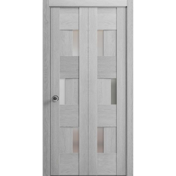 Sliding Closet Bi-fold Doors | Sete 6933 Light Grey Oak with Frosted Glass | Sturdy Tracks Moldings Trims Hardware Set | Wood Solid Bedroom Wardrobe Doors 