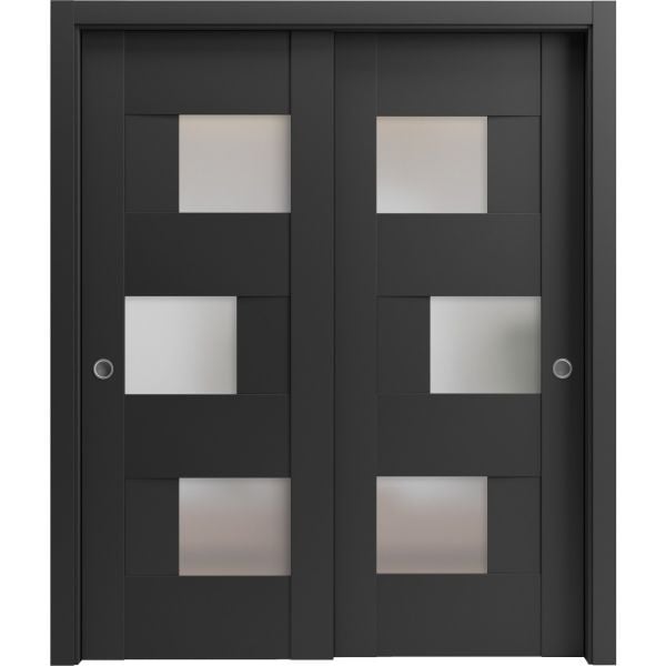Sliding Closet Bypass Doors | Sete 6933 Matte Black with Frosted Glass | Sturdy Rails Moldings Trims Hardware Set | Wood Solid Bedroom Wardrobe Doors 