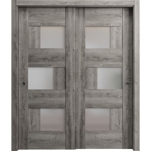 Sliding Closet Bypass Doors | Sete 6933 Nebraska Grey with Frosted Glass | Sturdy Rails Moldings Trims Hardware Set | Wood Solid Bedroom Wardrobe Doors 