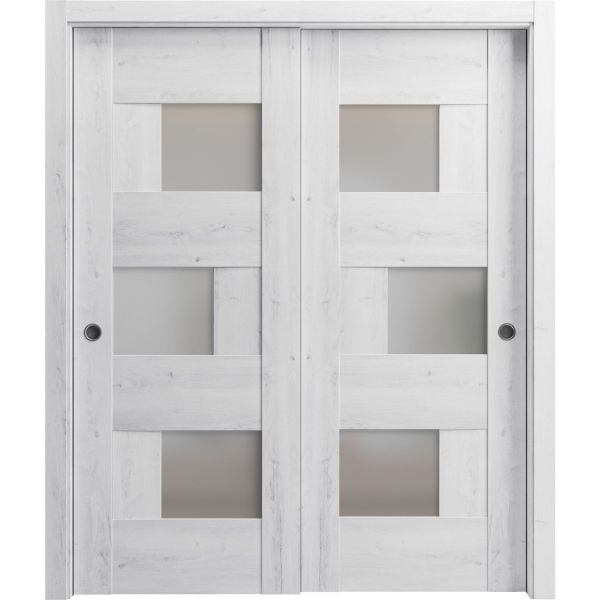 Sliding Closet Bypass Doors with Frosted Glass | Sete 6933 Nordic White| Sturdy Rails Moldings Trims Hardware Set | Wood Solid Bedroom Wardrobe Doors -36" x 80" (2* 18x80)