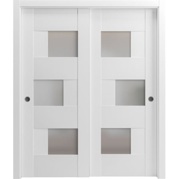 Sliding Closet Bypass Doors / Sete 6933 White Silk with Frosted Glass / Rails Hardware Set / Wood Solid Bedroom Wardrobe Doors 