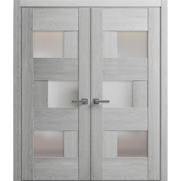 Solid French Double Doors | Sete 6933 Light Grey Oak with Frosted Glass | Wood Solid Panel Frame Trims | Closet Bedroom Sturdy Doors 