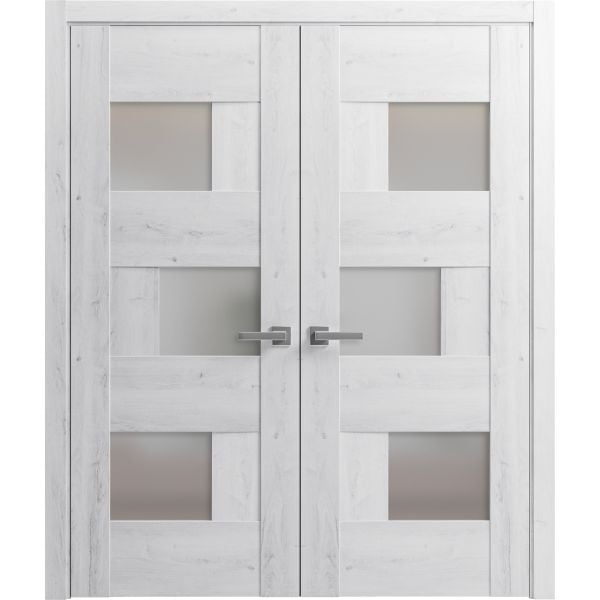 Solid French Double Doors Frosted Glass | Sete 6933 Nordic White | Wood Solid Panel Frame Trims | Closet Bedroom Sturdy Doors 