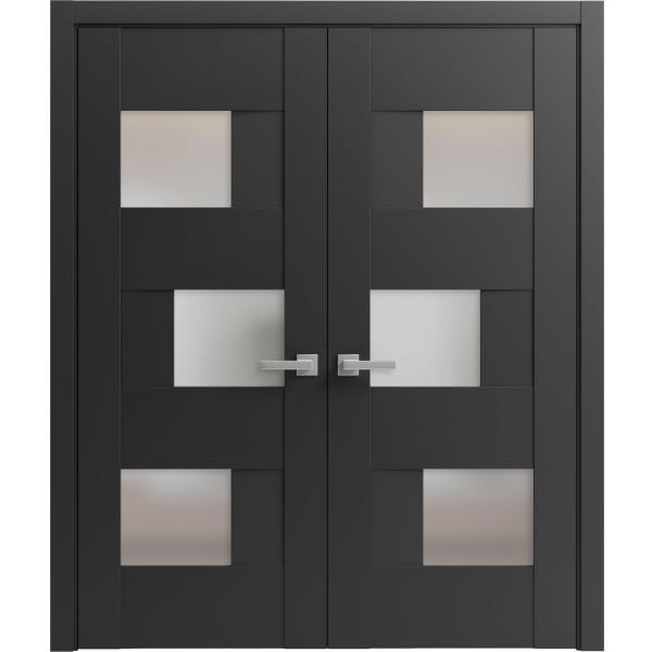 Solid French Double Doors Frosted Glass | Sete 6933 Matte Black | Wood Solid Panel Frame Trims | Closet Bedroom Sturdy Doors 