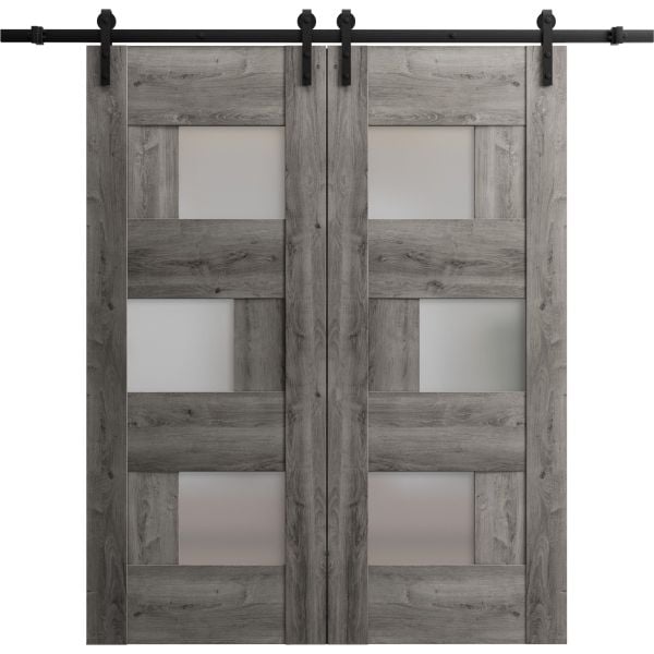 Sturdy Double Barn Door with Frosted Glass | Sete 6933 Nebraska Grey | 13FT Rail Hangers Heavy Set | Solid Panel Interior Doors-36" x 80" (2* 18x80)-Black Rail