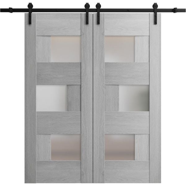 Sturdy Double Barn Door with Frosted Glass | Sete 6933 Light Grey Oak | 13FT Rail Hangers Heavy Set | Solid Panel Interior Doors-36" x 80" (2* 18x80)