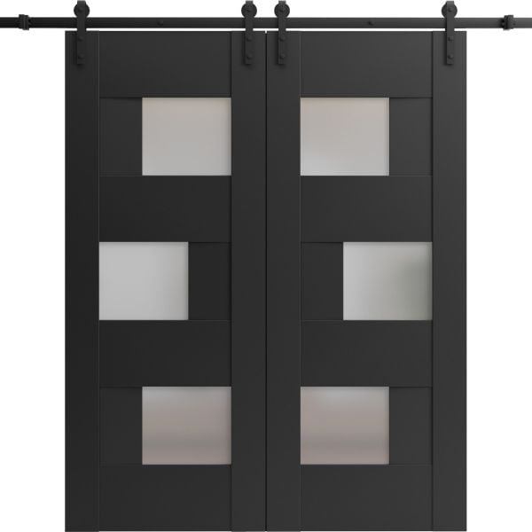 Sturdy Double Barn Door with Frosted Glass | Sete 6933 Matte Black | 13FT Rail Hangers Heavy Set | Solid Panel Interior Doors-36" x 80" (2* 18x80)-Black Rail