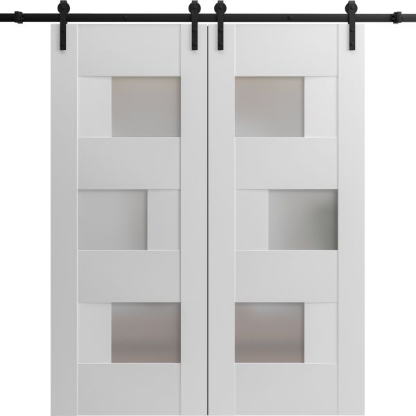 Modern Double Barn Door / Sete 6933 White Silk with Frosted Glass / 13FT Rail Track Set / Solid Panel Interior Doors