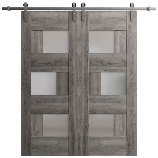 Sturdy Double Barn Door | Sete 6933 Nebraska Grey with Frosted Glass | Silver 13FT Rail Hangers Heavy Set | Solid Panel Interior Doors