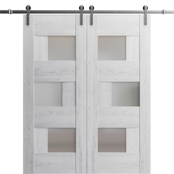 Sturdy Double Barn Door | Sete 6933 Nordic White with Frosted Glass | Silver 13FT Rail Hangers Heavy Set | Solid Panel Interior Doors