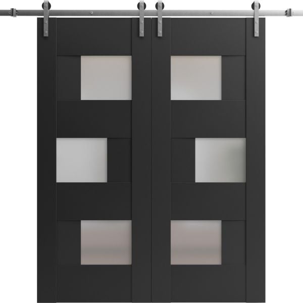 Sturdy Double Barn Door with Frosted Glass | Sete 6933 Matte Black | 13FT Rail Hangers Heavy Set | Solid Panel Interior Doors-36" x 80" (2* 18x80)
