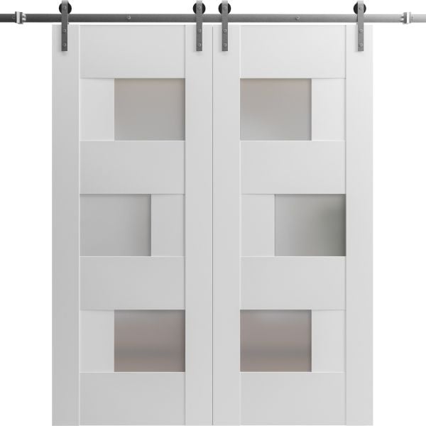 Modern Double Barn Door with Opaque Glass  / Sete 6933 White Silk / Stainless Steel 13FT Rail Track Set / Solid Panel Interior Doors