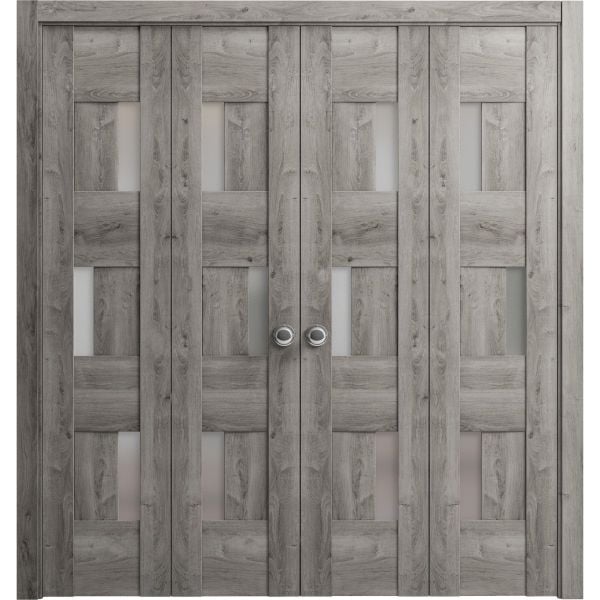 Sliding Closet Double Bi-fold Doors | Sete 6933 Nebraska Grey with Frosted Glass | Sturdy Tracks Moldings Trims Hardware Set | Wood Solid Bedroom Wardrobe Doors 