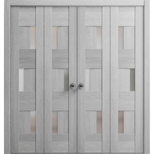 Sliding Closet Double Bi-fold Doors | Sete 6933 Light Grey Oak with Frosted Glass | Sturdy Tracks Moldings Trims Hardware Set | Wood Solid Bedroom Wardrobe Doors 