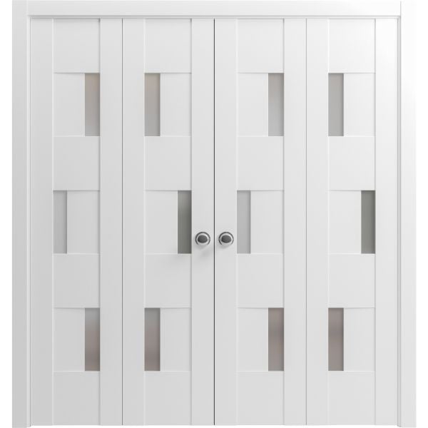 Sliding Closet Double Bi-fold Doors | Sete 6933 White Silk with Frosted Glass | Sturdy Tracks Moldings Trims Hardware Set | Wood Solid Bedroom Wardrobe Doors 