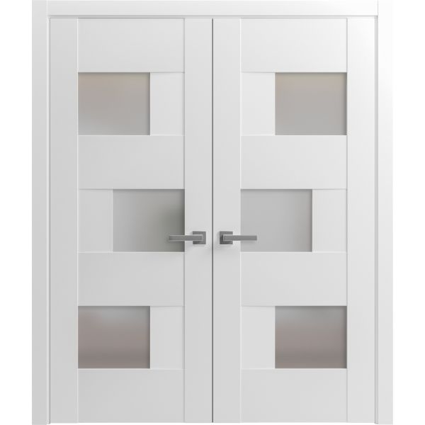 Solid French Double Doors / Sete 6933 White Silk with Frosted Glass / Wood Solid Panel Frame / Closet Bedroom Modern Doors 