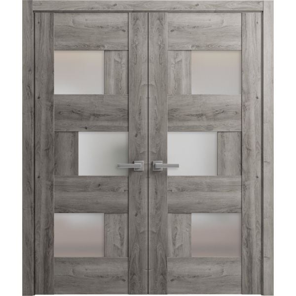 Solid French Double Doors | Sete 6933 Nebraska Grey with Frosted Glass | Wood Solid Panel Frame Trims | Closet Bedroom Sturdy Doors 