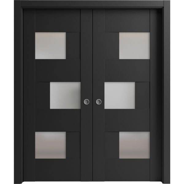 Sliding French Double Pocket Doors with Frosted Glass | Sete 6933 Matte Black | Kit Trims Rail Hardware | Solid Wood Interior Bedroom Sturdy Doors