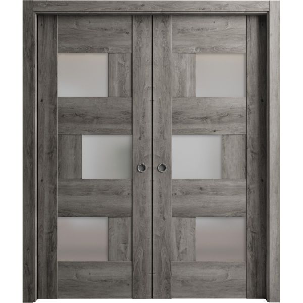 Sliding French Double Pocket Doors | Sete 6933 Nebraska Grey with Frosted Glass | Kit Trims Rail Hardware | Solid Wood Interior Bedroom Sturdy Doors