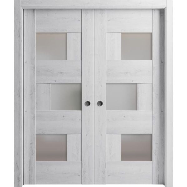 Sliding French Double Pocket Doors with Frosted Glass | Sete 6933 Nordic White | Kit Trims Rail Hardware | Solid Wood Interior Bedroom Sturdy Doors