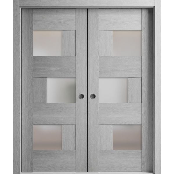 Sliding French Double Pocket Doors with Frosted Glass | Sete 6933 Light Grey Oak | Kit Trims Rail Hardware | Solid Wood Interior Bedroom Sturdy Doors