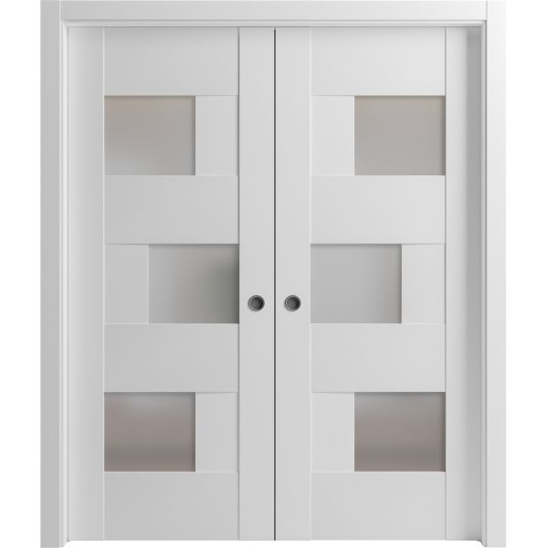 Sliding French Double Pocket Doors Opaque Glass / Sete 6933 White Silk / Kit Rail Hardware / MDF Interior Bedroom Modern Doors
