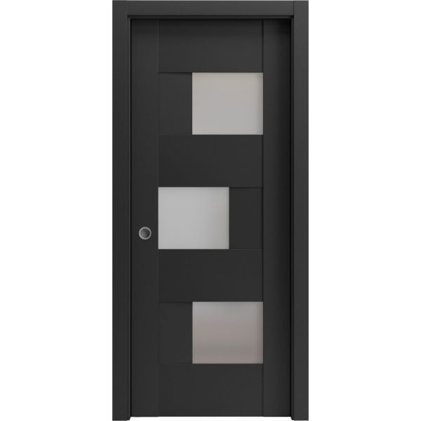 Sliding French Pocket Door | Sete 6933 Matte Black with Frosted Glass | Kit Trims Rail Hardware | Solid Wood Interior Bedroom Sturdy Doors