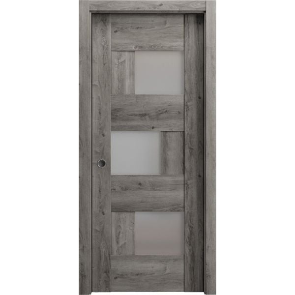 Sliding French Pocket Door with Frosted Glass | Sete 6933 Nebraska Grey | Kit Trims Rail Hardware | Solid Wood Interior Bedroom Sturdy Doors-18" x 80"