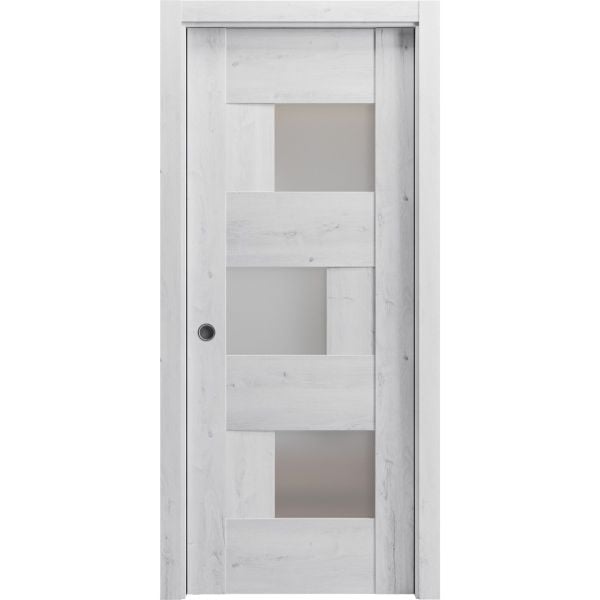 Sliding French Pocket Door with Frosted Glass | Sete 6933 Nordic White | Kit Trims Rail Hardware | Solid Wood Interior Bedroom Sturdy Doors-18" x 80"