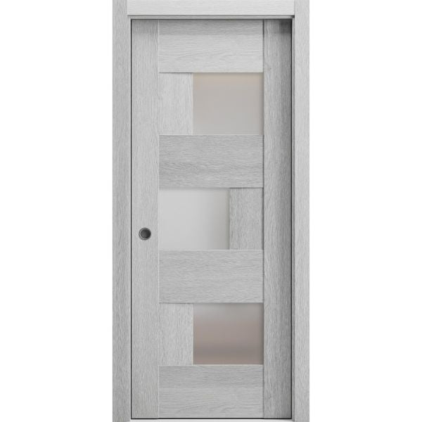 Sliding French Pocket Door | Sete 6933 Light Grey Oak with Frosted Glass | Kit Trims Rail Hardware | Solid Wood Interior Bedroom Sturdy Doors