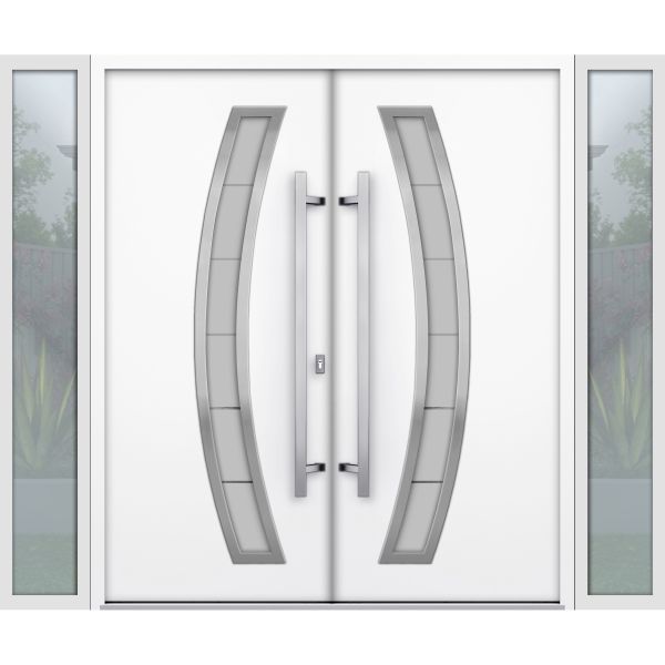 Front Exterior Prehung Steel Double Doors / Deux 6500 White / 2 Sidelight Exterior Windows / Stainless Inserts Single Modern Painted-W16+72+16" x H80"