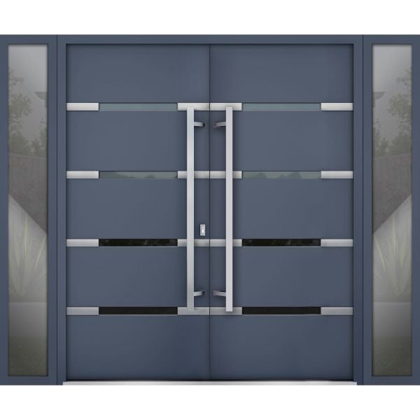 Front Exterior Prehung Steel Double Doors / Deux 1105 Gray Graphite / 2 Side Exterior Windows / Stainless Inserts Single Modern Painted-W12+72+12" x H80"