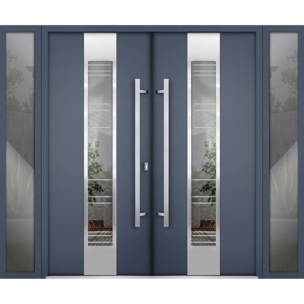 Front Exterior Prehung Steel Double Doors / Deux 5755 Gray Graphite / 2 Sidelight Exterior Windows / Stainless Inserts Single Modern Painted-W16+72+16" x H80"